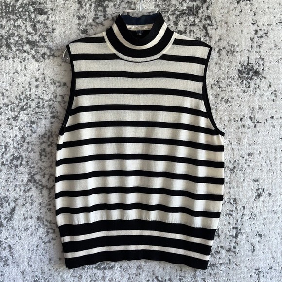 Resort Two Joey Rodolfo Merino Wool Turtle Neck Top Size L Bkack Ivory Striped - Picture 2 of 7